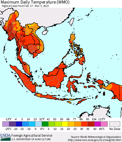 South East Asia Maximum Daily Temperature (WMO) Thematic Map For 2/27/2023 - 3/5/2023
