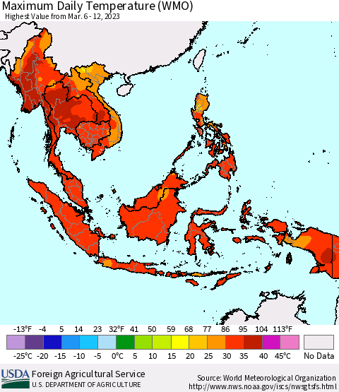 South East Asia Maximum Daily Temperature (WMO) Thematic Map For 3/6/2023 - 3/12/2023