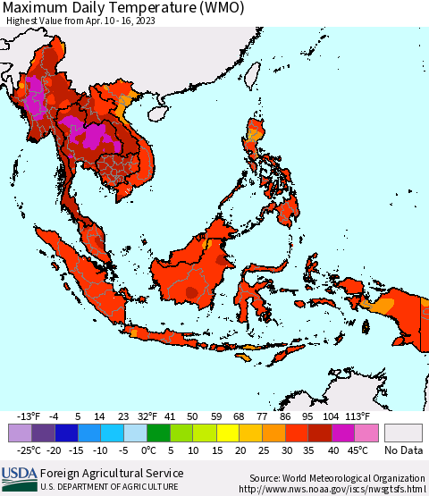 South East Asia Maximum Daily Temperature (WMO) Thematic Map For 4/10/2023 - 4/16/2023