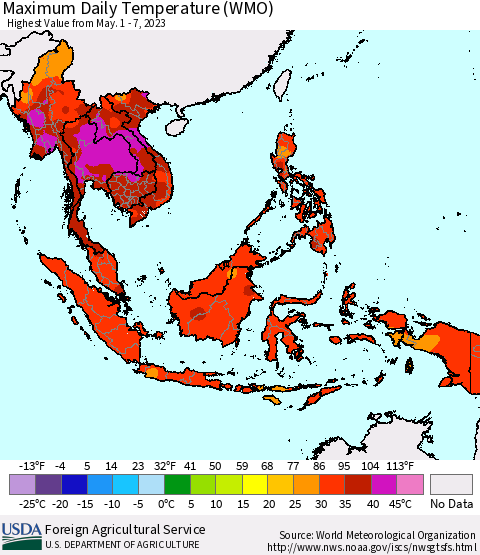 South East Asia Maximum Daily Temperature (WMO) Thematic Map For 5/1/2023 - 5/7/2023