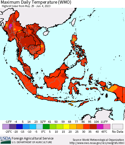 South East Asia Maximum Daily Temperature (WMO) Thematic Map For 5/29/2023 - 6/4/2023