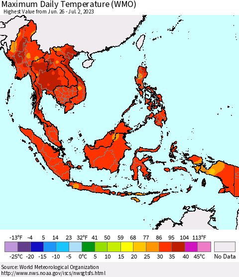 South East Asia Maximum Daily Temperature (WMO) Thematic Map For 6/26/2023 - 7/2/2023