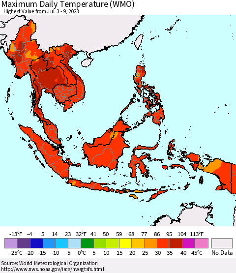 South East Asia Maximum Daily Temperature (WMO) Thematic Map For 7/3/2023 - 7/9/2023