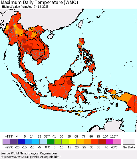 South East Asia Maximum Daily Temperature (WMO) Thematic Map For 8/7/2023 - 8/13/2023
