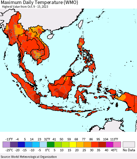South East Asia Maximum Daily Temperature (WMO) Thematic Map For 10/9/2023 - 10/15/2023