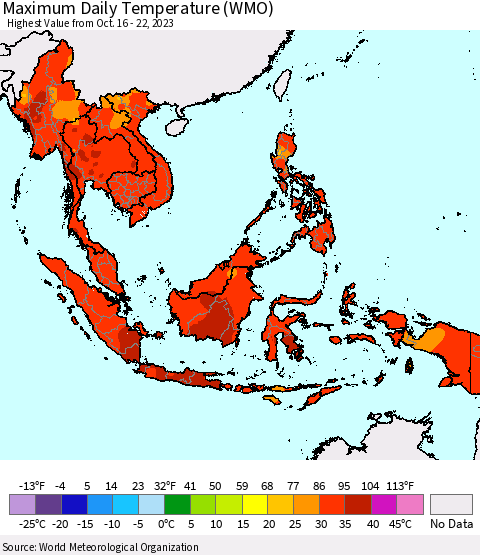 South East Asia Maximum Daily Temperature (WMO) Thematic Map For 10/16/2023 - 10/22/2023