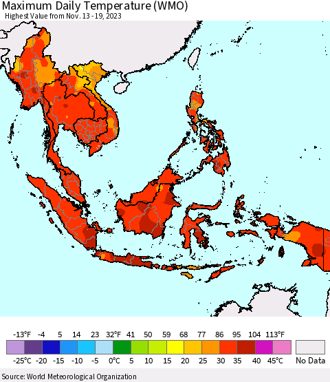 South East Asia Maximum Daily Temperature (WMO) Thematic Map For 11/13/2023 - 11/19/2023