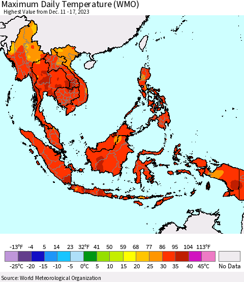South East Asia Maximum Daily Temperature (WMO) Thematic Map For 12/11/2023 - 12/17/2023