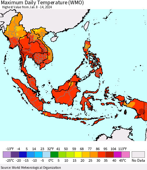 South East Asia Maximum Daily Temperature (WMO) Thematic Map For 1/8/2024 - 1/14/2024