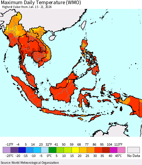 South East Asia Maximum Daily Temperature (WMO) Thematic Map For 1/15/2024 - 1/21/2024
