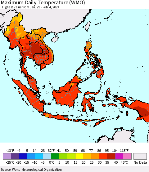 South East Asia Maximum Daily Temperature (WMO) Thematic Map For 1/29/2024 - 2/4/2024
