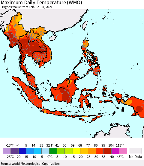 South East Asia Maximum Daily Temperature (WMO) Thematic Map For 2/12/2024 - 2/18/2024