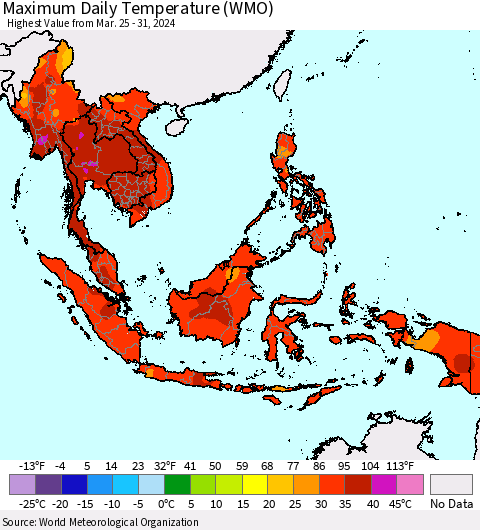 South East Asia Maximum Daily Temperature (WMO) Thematic Map For 3/25/2024 - 3/31/2024