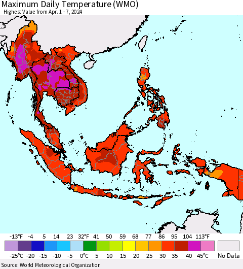 South East Asia Maximum Daily Temperature (WMO) Thematic Map For 4/1/2024 - 4/7/2024