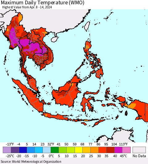 South East Asia Maximum Daily Temperature (WMO) Thematic Map For 4/8/2024 - 4/14/2024