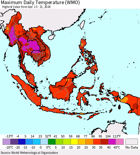 South East Asia Maximum Daily Temperature (WMO) Thematic Map For 4/15/2024 - 4/21/2024