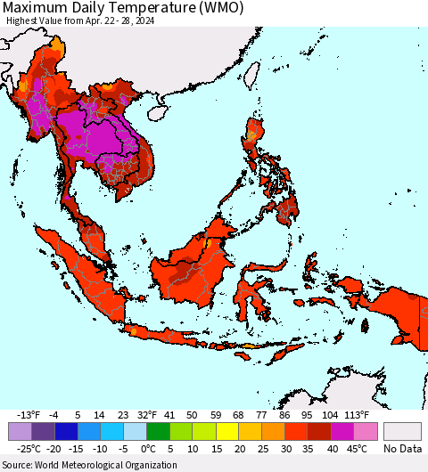 South East Asia Maximum Daily Temperature (WMO) Thematic Map For 4/22/2024 - 4/28/2024