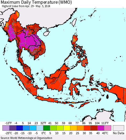 South East Asia Maximum Daily Temperature (WMO) Thematic Map For 4/29/2024 - 5/5/2024