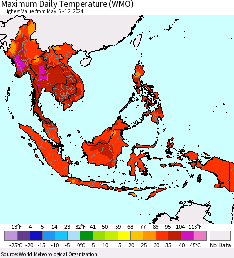 South East Asia Maximum Daily Temperature (WMO) Thematic Map For 5/6/2024 - 5/12/2024