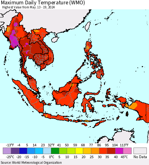 South East Asia Maximum Daily Temperature (WMO) Thematic Map For 5/13/2024 - 5/19/2024