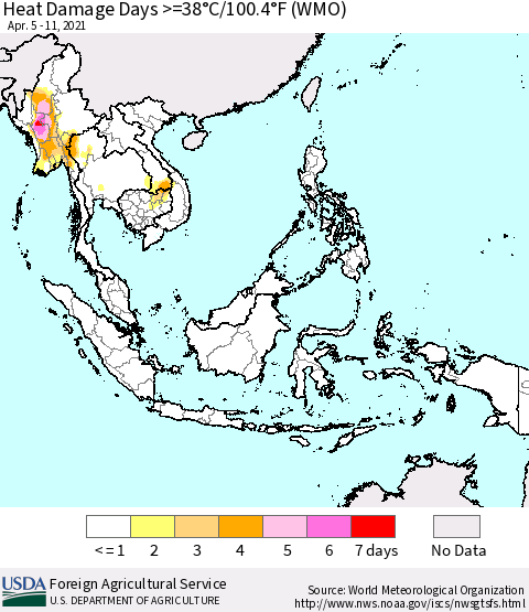 South East Asia Heat Damage Days >=38°C/100°F (WMO) Thematic Map For 4/5/2021 - 4/11/2021