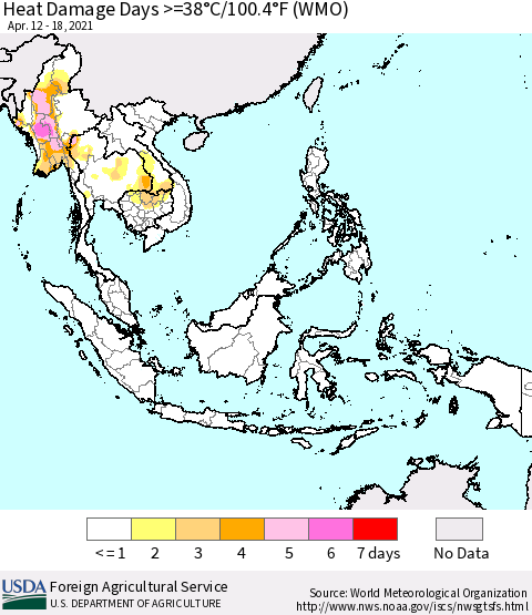 South East Asia Heat Damage Days >=38°C/100°F (WMO) Thematic Map For 4/12/2021 - 4/18/2021