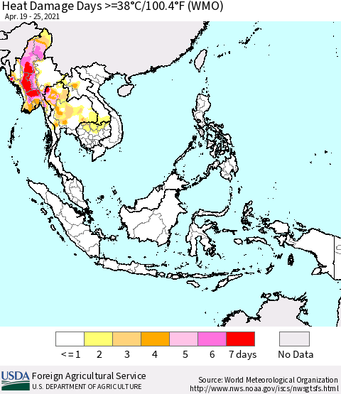 South East Asia Heat Damage Days >=38°C/100°F (WMO) Thematic Map For 4/19/2021 - 4/25/2021