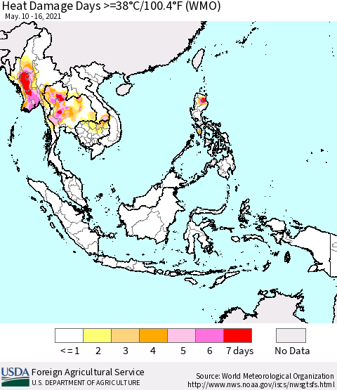 South East Asia Heat Damage Days >=38°C/100°F (WMO) Thematic Map For 5/10/2021 - 5/16/2021