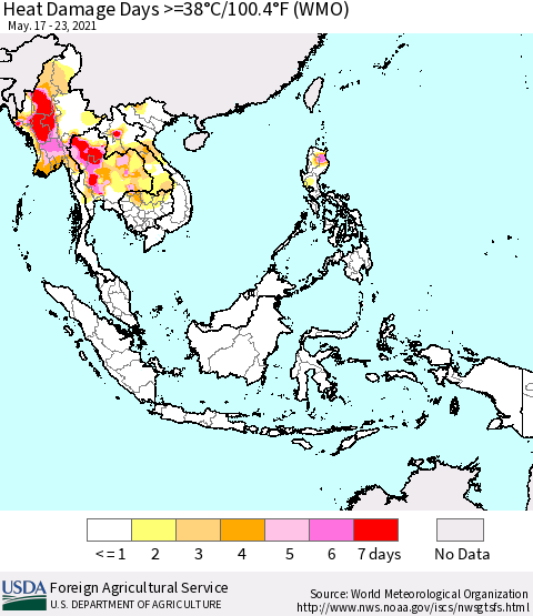 South East Asia Heat Damage Days >=38°C/100°F (WMO) Thematic Map For 5/17/2021 - 5/23/2021
