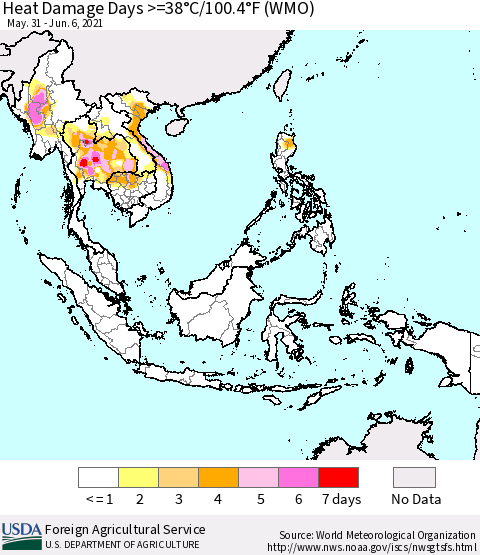 South East Asia Heat Damage Days >=38°C/100°F (WMO) Thematic Map For 5/31/2021 - 6/6/2021