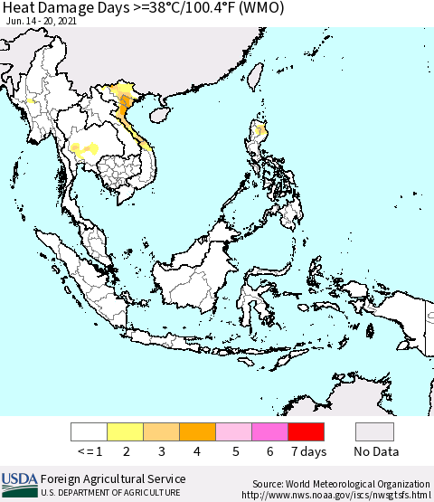 South East Asia Heat Damage Days >=38°C/100°F (WMO) Thematic Map For 6/14/2021 - 6/20/2021