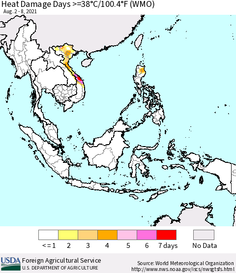 South East Asia Heat Damage Days >=38°C/100°F (WMO) Thematic Map For 8/2/2021 - 8/8/2021