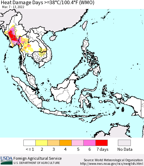 South East Asia Heat Damage Days >=38°C/100°F (WMO) Thematic Map For 3/7/2022 - 3/13/2022