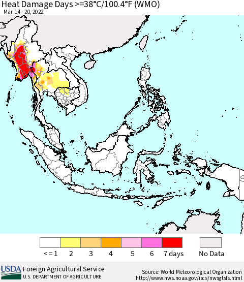 South East Asia Heat Damage Days >=38°C/100°F (WMO) Thematic Map For 3/14/2022 - 3/20/2022