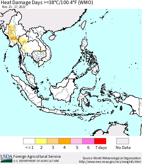 South East Asia Heat Damage Days >=38°C/100°F (WMO) Thematic Map For 3/21/2022 - 3/27/2022