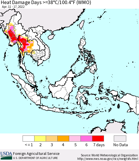 South East Asia Heat Damage Days >=38°C/100°F (WMO) Thematic Map For 4/11/2022 - 4/17/2022
