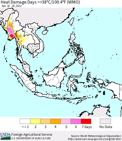 South East Asia Heat Damage Days >=38°C/100°F (WMO) Thematic Map For 4/18/2022 - 4/24/2022
