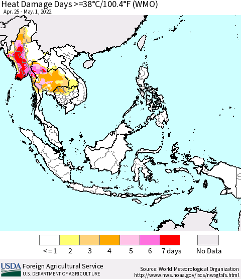 South East Asia Heat Damage Days >=38°C/100°F (WMO) Thematic Map For 4/25/2022 - 5/1/2022