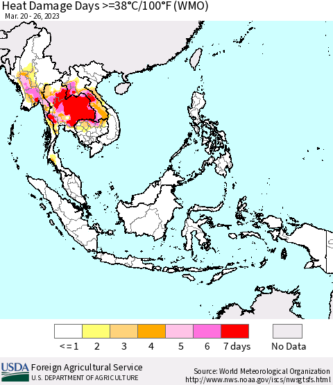 South East Asia Heat Damage Days >=38°C/100°F (WMO) Thematic Map For 3/20/2023 - 3/26/2023