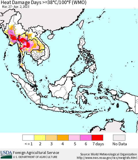 South East Asia Heat Damage Days >=38°C/100°F (WMO) Thematic Map For 3/27/2023 - 4/2/2023