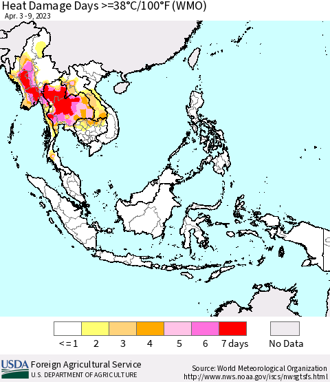 South East Asia Heat Damage Days >=38°C/100°F (WMO) Thematic Map For 4/3/2023 - 4/9/2023
