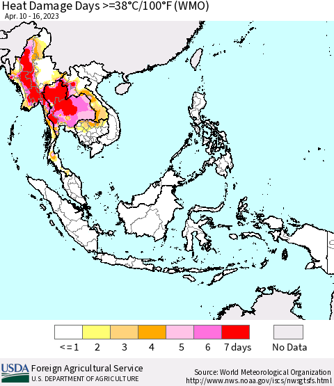 South East Asia Heat Damage Days >=38°C/100°F (WMO) Thematic Map For 4/10/2023 - 4/16/2023
