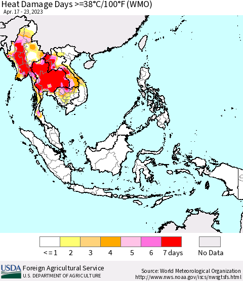 South East Asia Heat Damage Days >=38°C/100°F (WMO) Thematic Map For 4/17/2023 - 4/23/2023