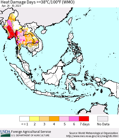 South East Asia Heat Damage Days >=38°C/100°F (WMO) Thematic Map For 4/24/2023 - 4/30/2023