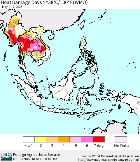 South East Asia Heat Damage Days >=38°C/100°F (WMO) Thematic Map For 5/1/2023 - 5/7/2023