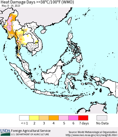 South East Asia Heat Damage Days >=38°C/100°F (WMO) Thematic Map For 5/8/2023 - 5/14/2023