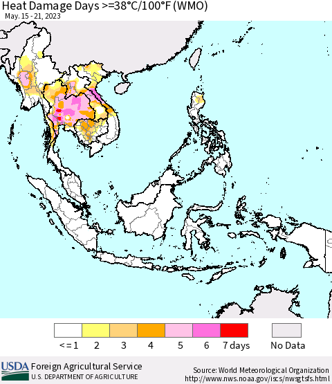 South East Asia Heat Damage Days >=38°C/100°F (WMO) Thematic Map For 5/15/2023 - 5/21/2023