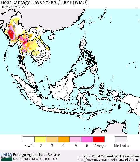 South East Asia Heat Damage Days >=38°C/100°F (WMO) Thematic Map For 5/22/2023 - 5/28/2023