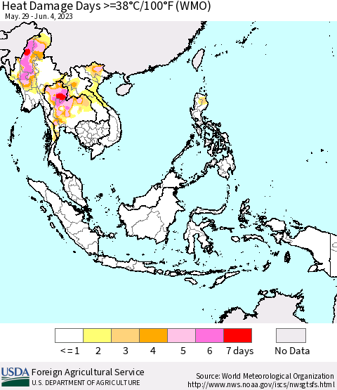 South East Asia Heat Damage Days >=38°C/100°F (WMO) Thematic Map For 5/29/2023 - 6/4/2023