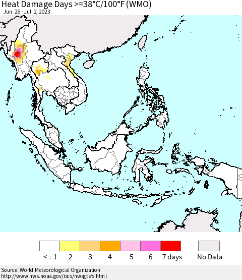 South East Asia Heat Damage Days >=38°C/100°F (WMO) Thematic Map For 6/26/2023 - 7/2/2023